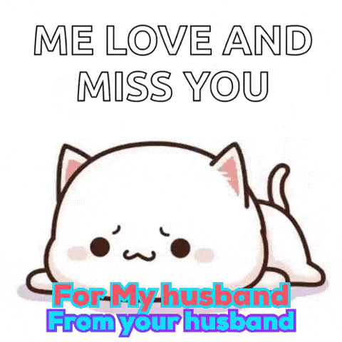 A Cartoon Cat Is Laying Down With The Words `` Me Love And Miss You For My Husband From Your Husband '' GIF