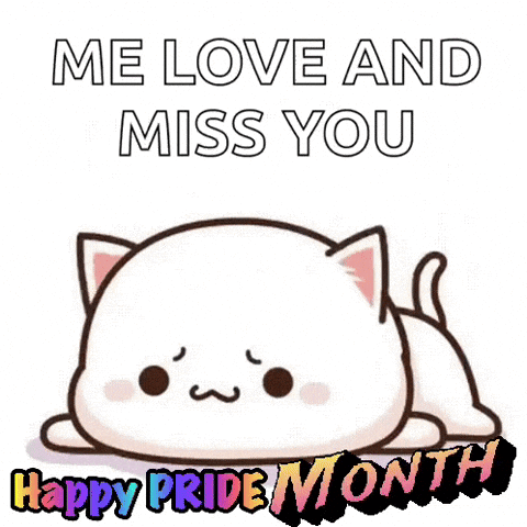 A Cartoon Cat Is Laying Down With The Words `` Me Love And Miss You '' Written On It . GIF
