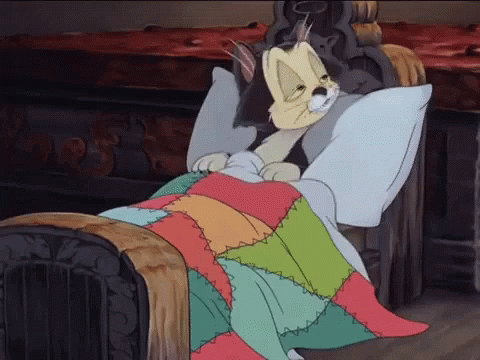 A Cartoon Cat Is Laying In A Bed With A Colorful Quilt GIF