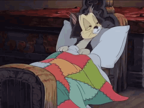 A Cartoon Cat Is Laying In A Bed With A Colorful Quilt GIF