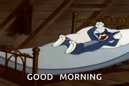 A Cartoon Cat Is Laying In A Bed With The Words `` Good Morning '' Written On It . GIF
