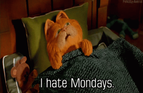 A Cartoon Cat Is Laying In Bed With The Words " I Hate Mondays " Below It GIF