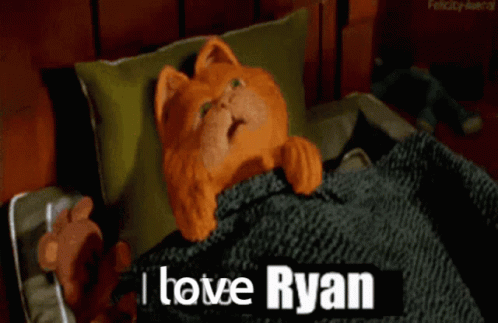 A Cartoon Cat Is Laying In Bed With The Words I Love Ryan Above It GIF