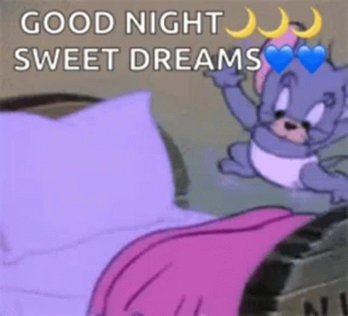 A Cartoon Cat Is Laying On A Bed With The Words `` Good Night Sweet Dreams '' Written On The Bottom . GIF