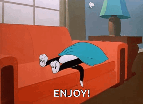 A Cartoon Cat Is Laying On A Red Couch Under A Blue Blanket And Says Enjoy . GIF