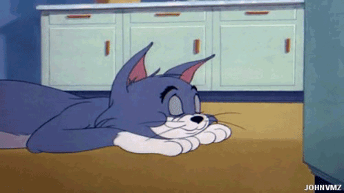A Cartoon Cat Is Laying On The Floor In A Kitchen With His Eyes Closed . GIF