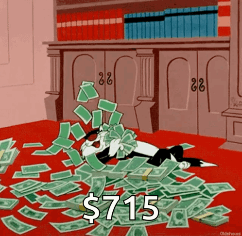 A Cartoon Cat Is Laying On The Floor Surrounded By Money With The Amount Of Money Being $ 715 GIF