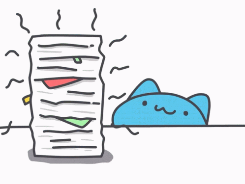 A Cartoon Cat Is Looking At A Stack Of Paper GIF