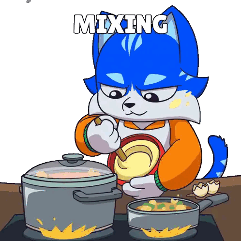 a cartoon cat is mixing something in a pot