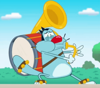 A Cartoon Cat Is Playing A Trumpet While Holding A Drum GIF
