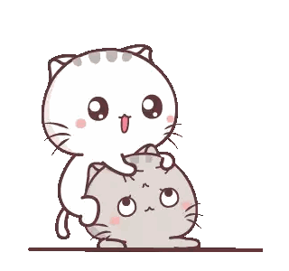 a cartoon cat is putting another cat on its head .