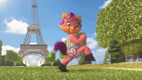 a cartoon cat is running in front of the eiffel tower in paris