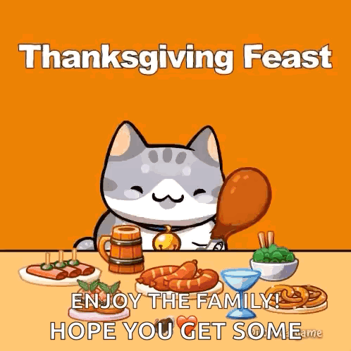 A Cartoon Cat Is Sitting At A Table With A Turkey In Its Mouth . GIF
