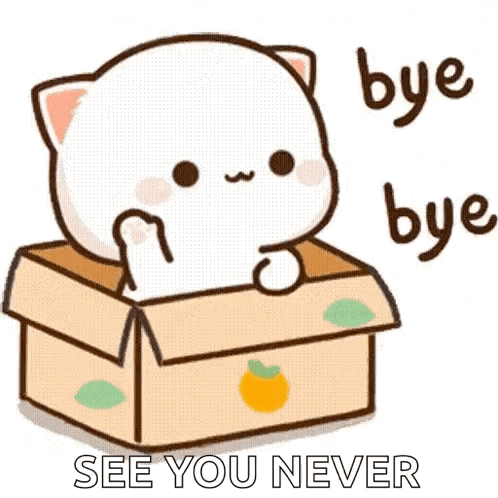 A Cartoon Cat Is Sitting In A Cardboard Box And Saying `` Bye Bye `` . GIF