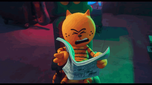 A Cartoon Cat Is Sitting In A Chair Holding A Newspaper On His Head GIF