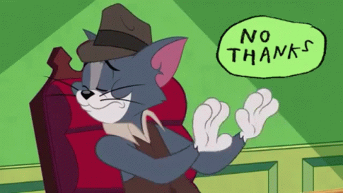 A Cartoon Cat Is Sitting In A Chair With A Sign That Says " No Thanks " GIF