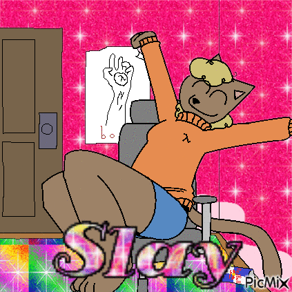 A Cartoon Cat Is Sitting In A Chair With Its Arms Outstretched In Front Of A Pink Wall With The Word Sloppy On It GIF