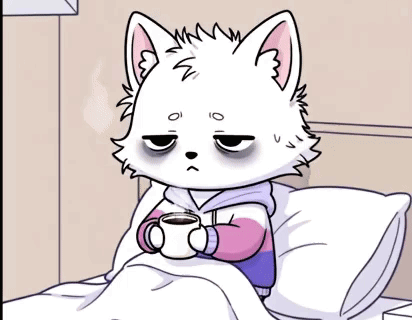A Cartoon Cat Is Sitting In Bed With A Cup Of Coffee . GIF