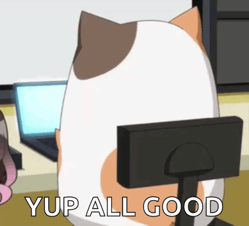 A Cartoon Cat Is Sitting In Front Of A Computer Monitor With The Words Yup All Good Below It GIF