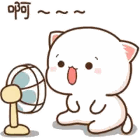 a cartoon cat is sitting in front of a fan with its mouth open