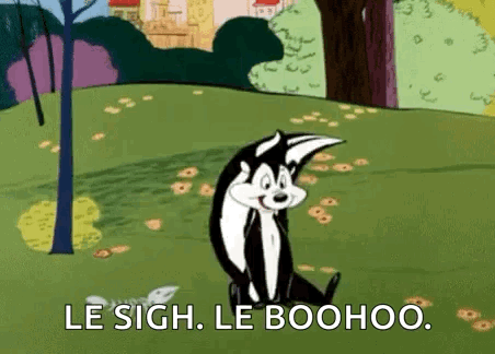 A Cartoon Cat Is Sitting In The Grass With The Words `` Le Sigh , Le Boohoo '' Written On It . GIF