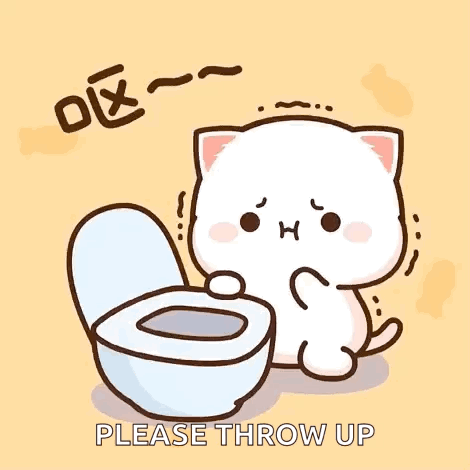 A Cartoon Cat Is Sitting Next To A Toilet With The Words `` Please Throw Up '' . GIF