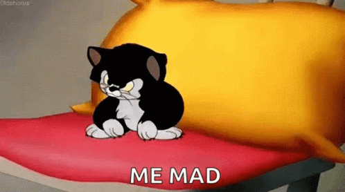 A Cartoon Cat Is Sitting On A Bed With The Words `` Me Mad '' Written On The Bottom . GIF