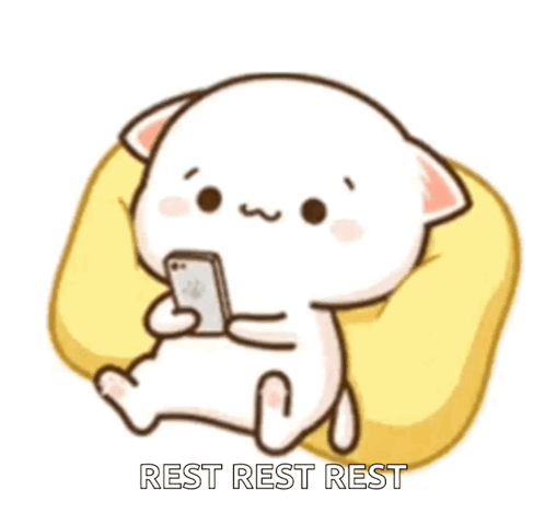 A Cartoon Cat Is Sitting On A Pillow Holding A Cell Phone And Says `` Rest Rest Rest '' . GIF