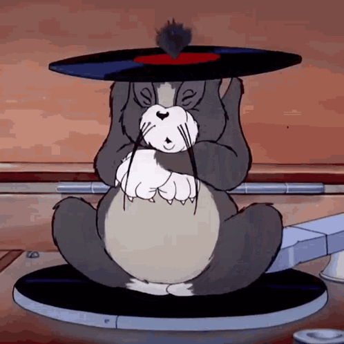 A Cartoon Cat Is Sitting On A Record Player Holding A Record In Its Paws . GIF