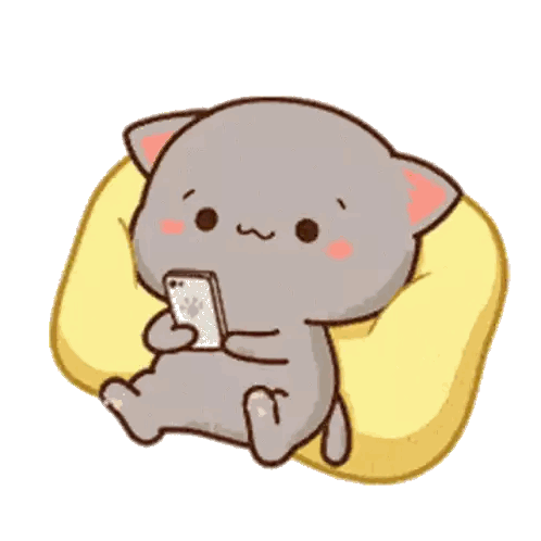 a cartoon cat is sitting on a yellow pillow holding a cell phone .