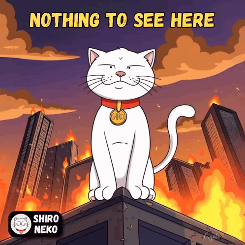 A Cartoon Cat Is Sitting On Top Of A Building With The Words Nothing To See Here Below It GIF