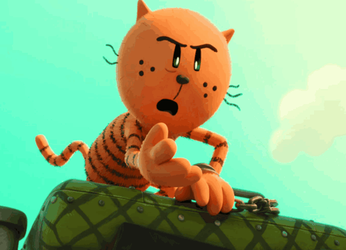 A Cartoon Cat Is Sitting On Top Of A Suitcase And Pointing GIF