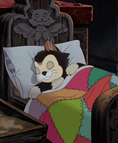 A Cartoon Cat Is Sleeping In A Bed With A Colorful Quilt GIF
