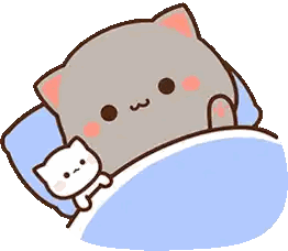 a cartoon cat is sleeping in a bed with a white cat