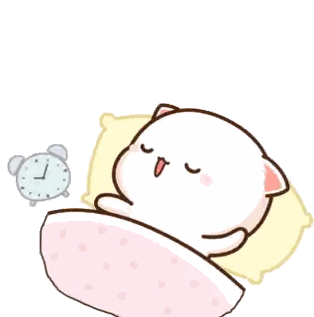 a cartoon cat is sleeping in a bed with an alarm clock next to it