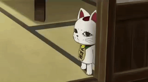 A Cartoon Cat Is Standing In A Doorway Holding A Coin With Chinese Writing On It GIF