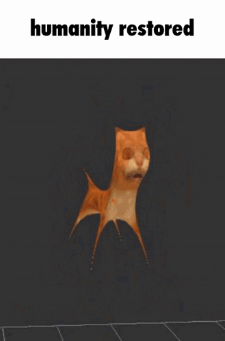 A Cartoon Cat Is Standing In Front Of A Black Background With The Words `` Humanity Restored '' Written Above It . GIF