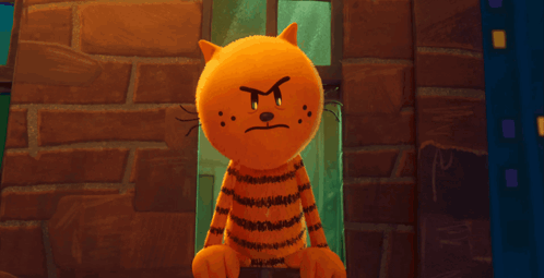 A Cartoon Cat Is Standing In Front Of A Brick Wall With An Angry Face GIF