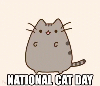 A Cartoon Cat Is Standing In Front Of A White Background And Says `` National Cat Day '' . GIF