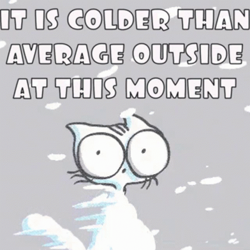 A Cartoon Cat Is Standing In The Snow With The Words " It Is Colder Than Average Outside At This Moment " GIF