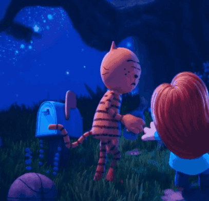 A Cartoon Cat Is Standing Next To A Girl With A Name Tag That Says ' Maggie ' On It GIF