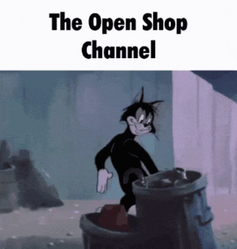 A Cartoon Cat Is Standing Next To A Trash Can With The Words " The Open Shop Channel " On The Bottom GIF