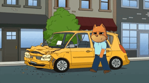 A Cartoon Cat Is Standing Next To A Yellow Car That Has Been Damaged GIF