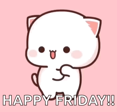 A Cartoon Cat Is Standing On A Pink Background And Saying `` Happy Friday ! '' GIF