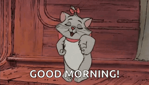 A Cartoon Cat Is Standing On A Wooden Floor And Saying Good Morning . GIF