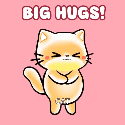 A Cartoon Cat Is Surrounded By Hearts And Says " Big Hugs Cat " GIF