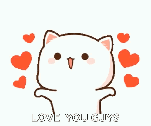 A Cartoon Cat Is Surrounded By Red Hearts And Says `` Love You Guys '' . GIF