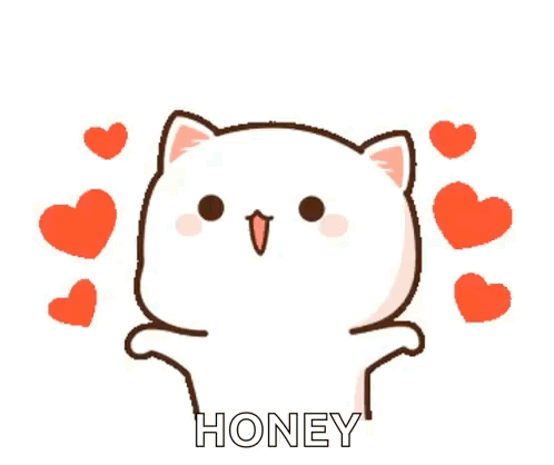 A Cartoon Cat Is Surrounded By Red Hearts And The Word Honey Is On The Bottom . GIF