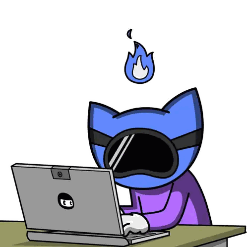 a cartoon cat is typing on a laptop with a flame coming out of his head