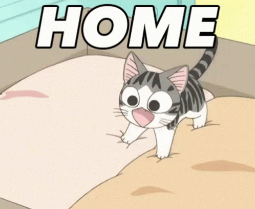A Cartoon Cat Is Walking On A Bed With The Word Home Above It GIF